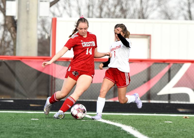 Creston sophomore Gretchen Hoepker battles for control of the ball Tuesday in a 1-0 home win over Chariton.