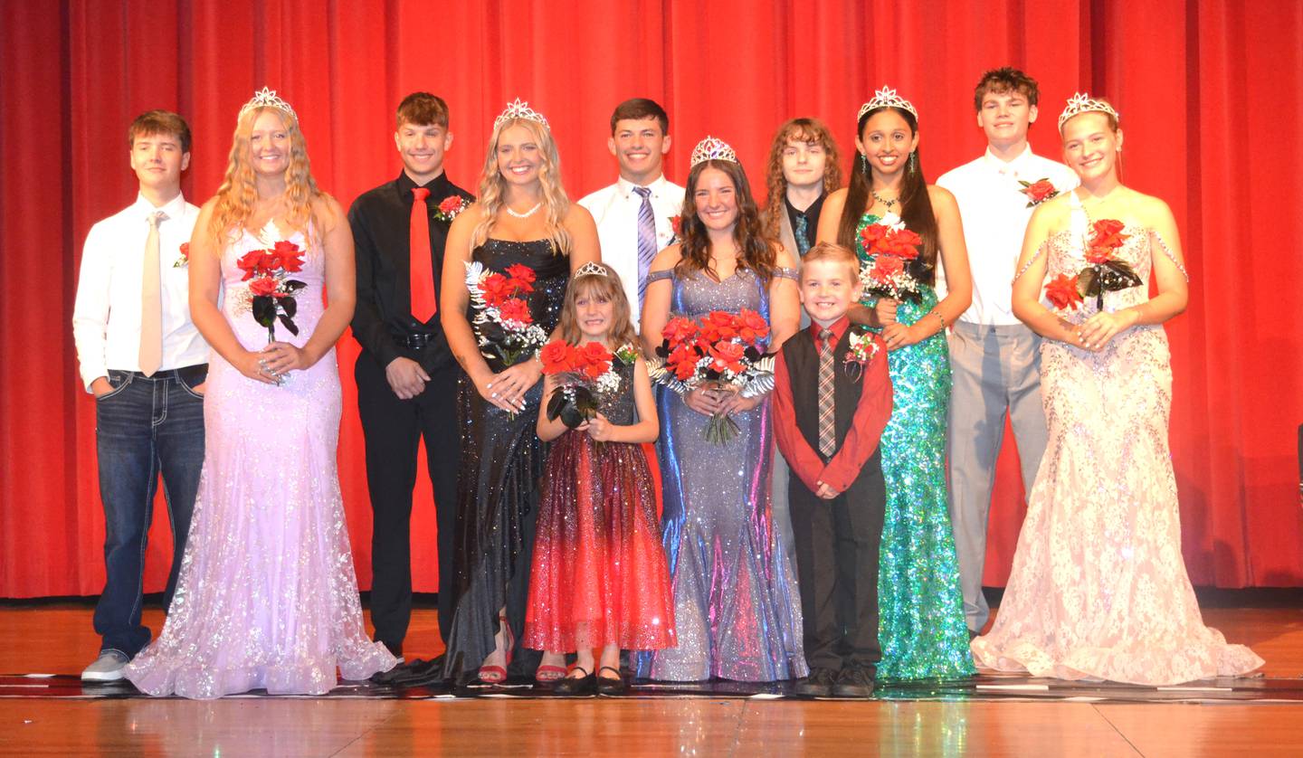 Creston's 2025 Homecoming Court. From left, escort Grant Skellenger, queen candidate Brynn Tussey, escort Cael Barton, queen candidate Ella Turner, flower girl Beasley Fry, escort Lane Travis, Queen Lilly James, crown bearer Lane Kearney, escort Kyler Hanson, queen candidate Mahi Patel, escort Ayden Purdum and queen candidate Izzy Spencer.