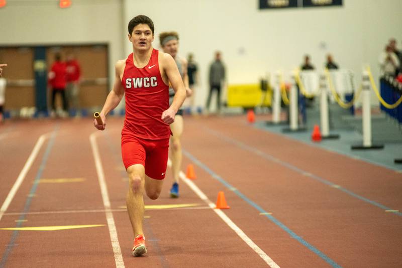 Brandon Briley of Creston runs a relay leg for SWCC at the Dennis Young Indoor Classic Saturday. The 4x800m relay team of Dillon Starlin, Cam Swapsy, Briley and Zach Roome is ranked second in the event in the NJCAA.