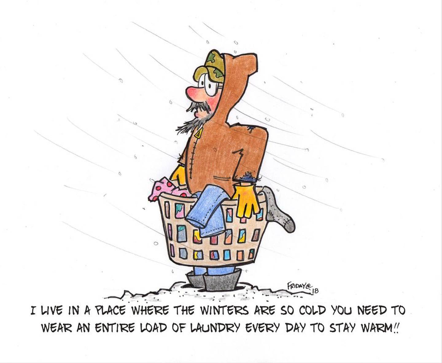 A cartoon featuring a self-portrait of Rick Friday.