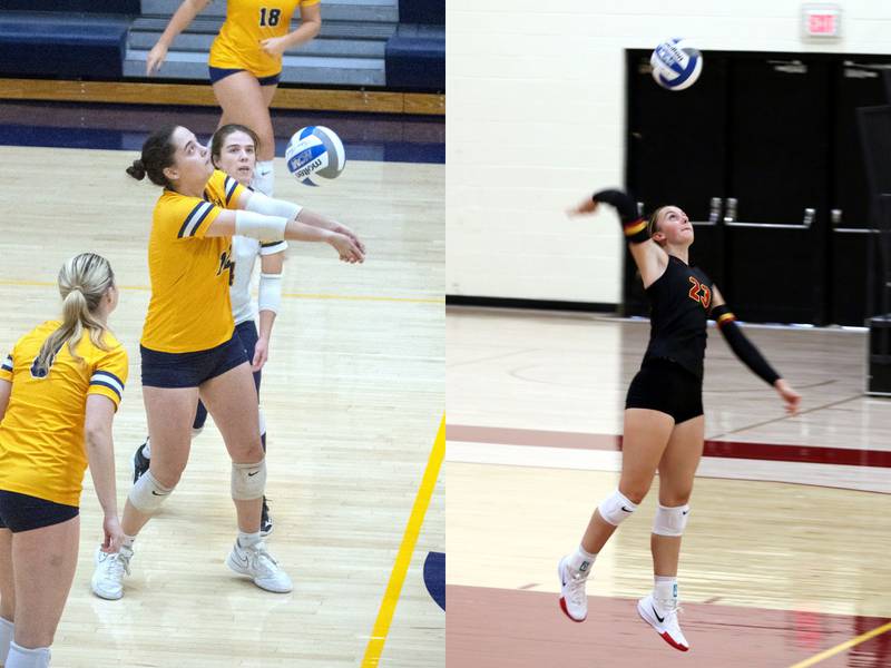 Former Nodaway Valley players Genevieve Livingston (left) and Bailey Carstens (right) are enjoying their time helping their volleyball teams at Buena Vista University and Simpson College, respectively.
