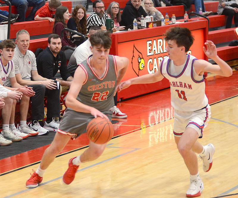 Creston's Parker Varner (22) drives against Griffin Messer of Earlham (11) Thursday night. Varner had eight points and five rebounds in the Panther win.