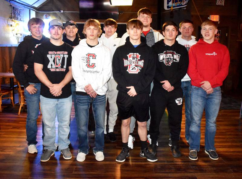 The Creston wrestling seniors were honored Sunday at the team’s banquet held at Mario’s. Back row, from left: Austin Evans, Jagger Luther, Christian Ahrens, Max Chapman, Carson Rieck. Front row: Will Bolinger, Lincoln Keeler, Boone Pryor, Brandon Briley and Milo Staver. Not pictured: Quinten Fuller.