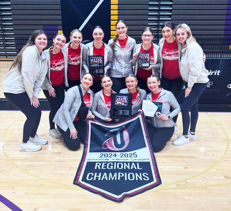 The Spartans took first at the Regional Dance Championships Saturday in Des Moines, placing first in pom, second in hip hop and fourth in jazz. Pictured are: back row, from left: Addison Shay, Sophie Freshour, Kyra Simmons, Haley Poage, Natalie Behnken, Riley Jones, Joslyn Messler and coach Paige Russo. Front row: Kya Newton, Isabelle Gaul, Kamarin Simmons and Tegan Streit.