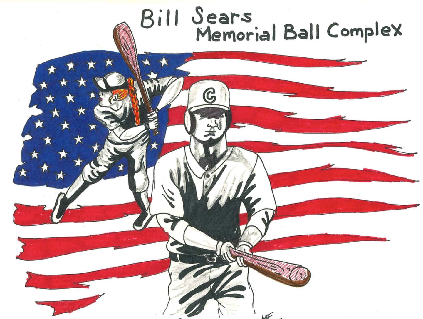 The board's choice for a mural on the west side of the Bill Sears Memorial Ball Complex building showcasing an American flag and a softball and baseball player.
