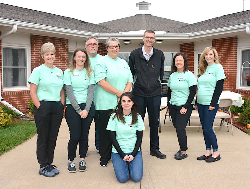 Members of Greenfield Rehabilitation and Healthcare Center’s administrative team are from left, Gail Johnson (ADON/MDS), Kristi Jenkins (BOM/Payroll), Dan Hardin (Maintenance/Environmental Services), Kelly Barker (DON), Haley Westphal (AL Activity Coordinator), Dr. Tim Piearson (Medical Director), Bo Geidel (Administrator), Kara Buckner (Activity Coordinator/Social Services), missing are  Bethni Johnson (AL Nurse/WCN) and Brenda Feick (DSM).