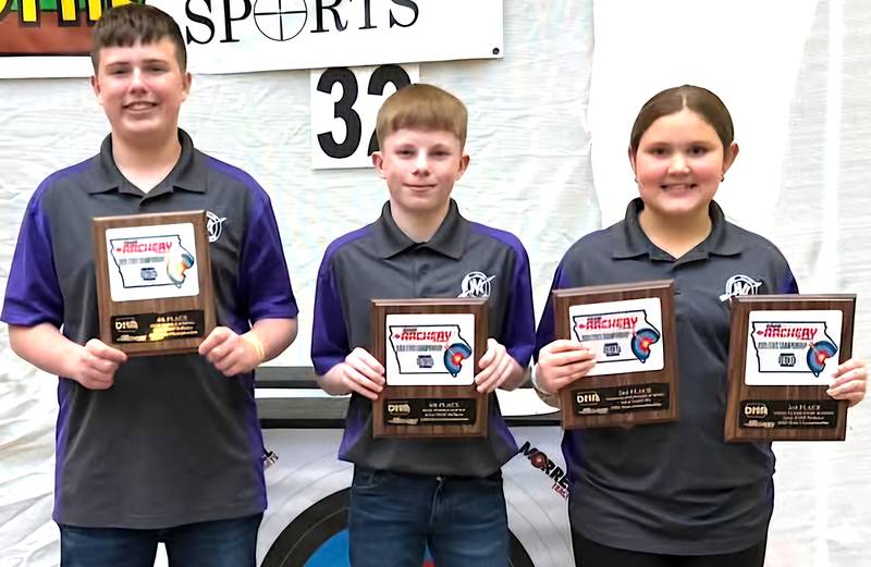 From left, Nodaway Valley archery nationals qualifiers Beau Antisdel, Tyson Hauf and Ashby Melton.