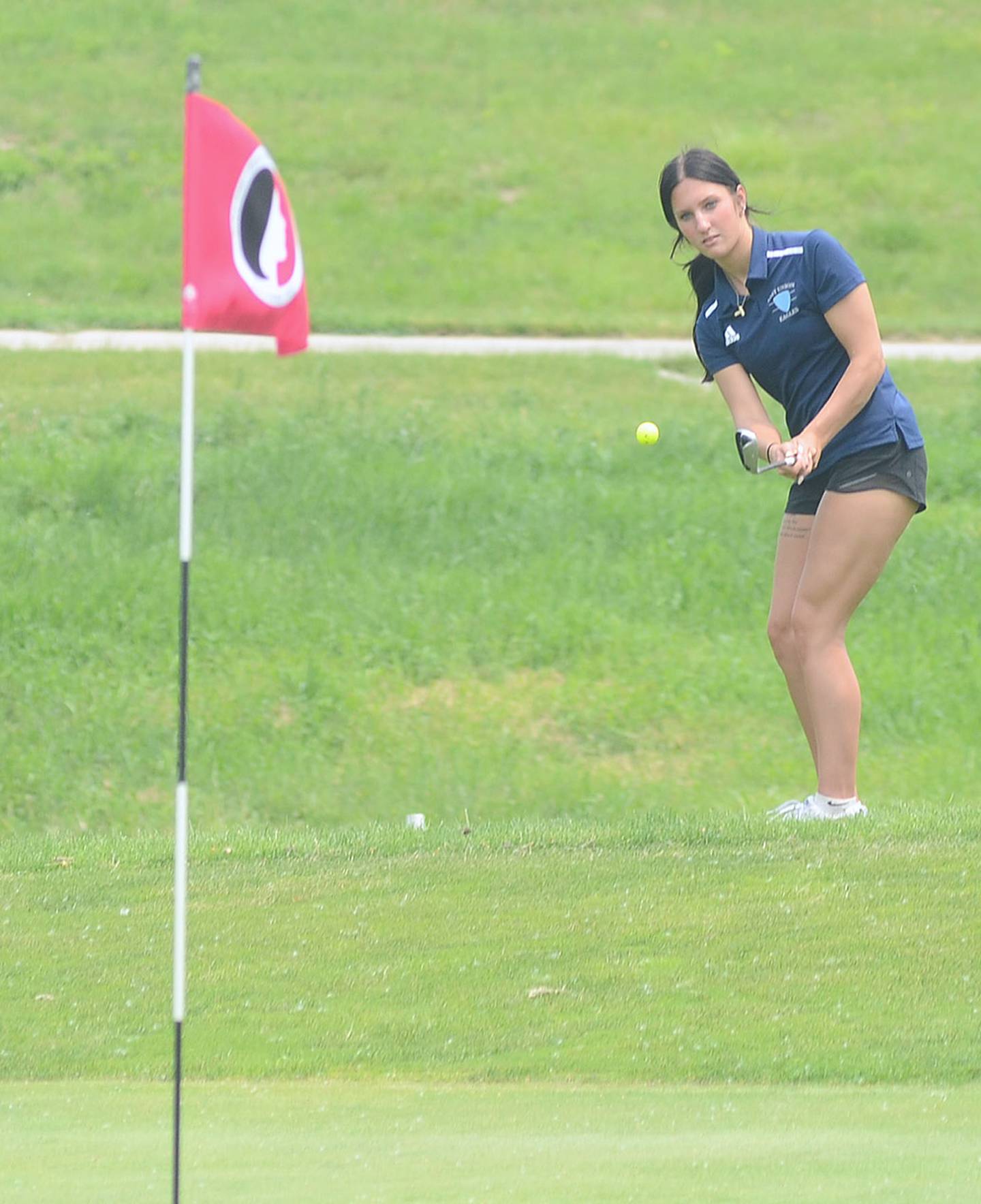 Marlys Mitchell of East Union pitches onto the green at the state tournament Friday.