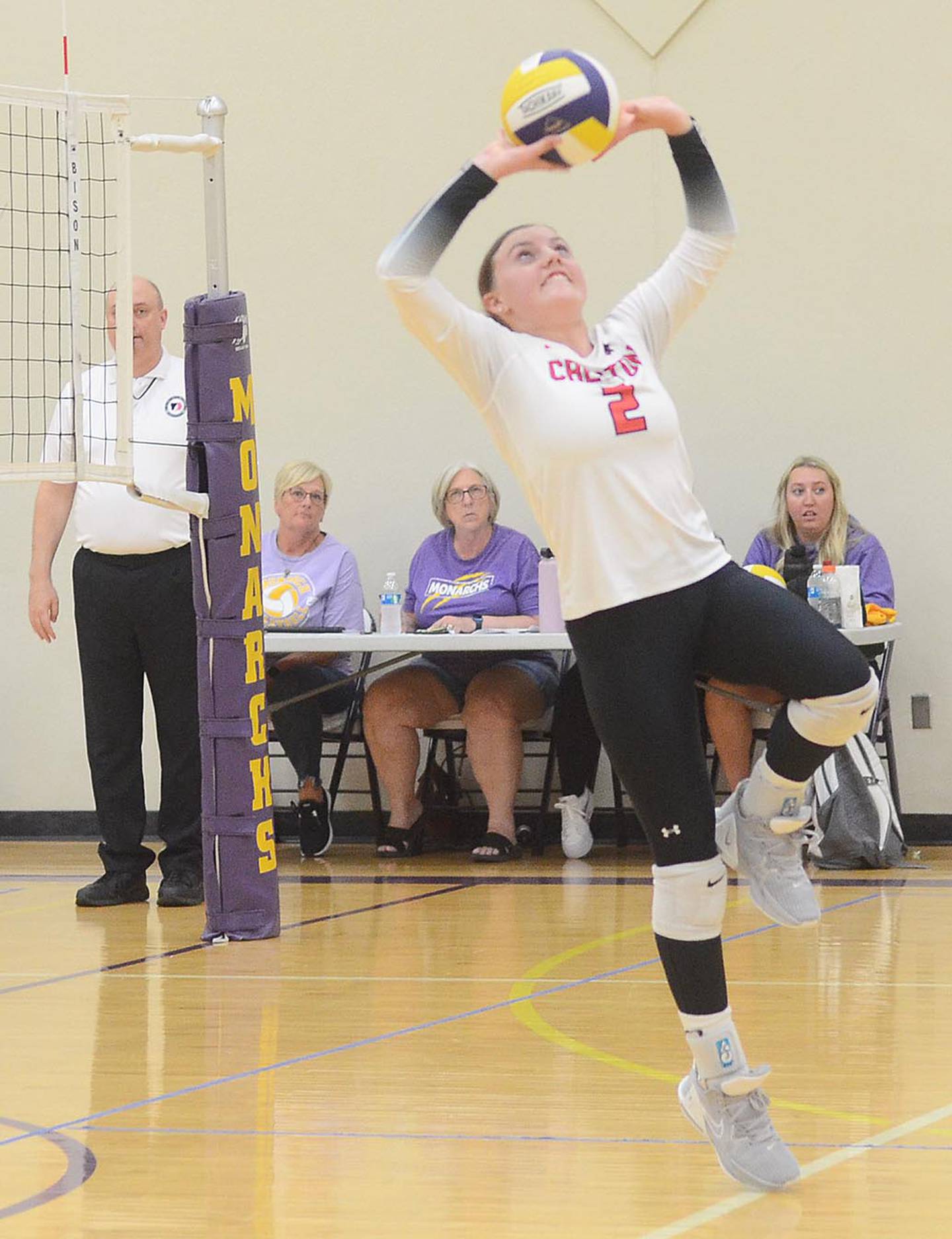 Creston sophomore Hollyn Rieck sets up a teammate at Denison Thursday. With Kadley Bailey injured, Rieck is the primary Panather setter. She had 12 assists Thursday and totaled 35 assists in the Red Oak Tournament Saturday.