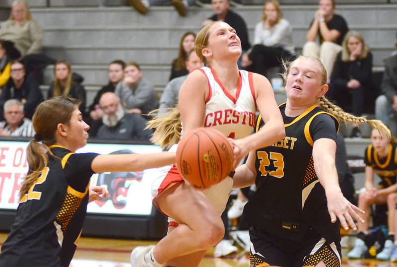 Creston guard Kadley Bailey drives between Winterset defenders Klaire Seidler (left) and Abby Hoefing (23). Bailey scored 18 points in the 77-48 loss.