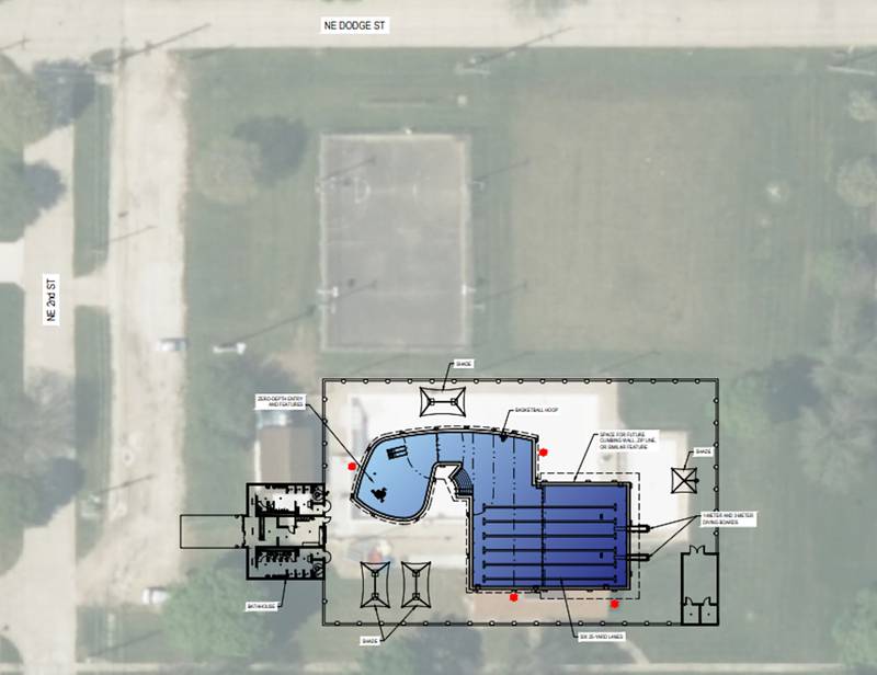 The updated conceptual drawing shows how a new pool will lay on land currently occupied by the current pool.