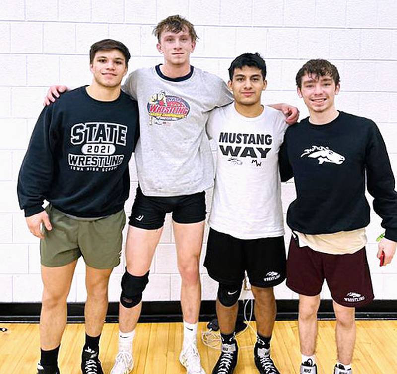Former Creston Panthers who wrestled in the Worthington Open Saturday are from left, Triston Barncastle of Ellsworth Community College, Kaden Street of Morningside University, Chris Aragon of Morningside and Justin Parsons of Morningside.