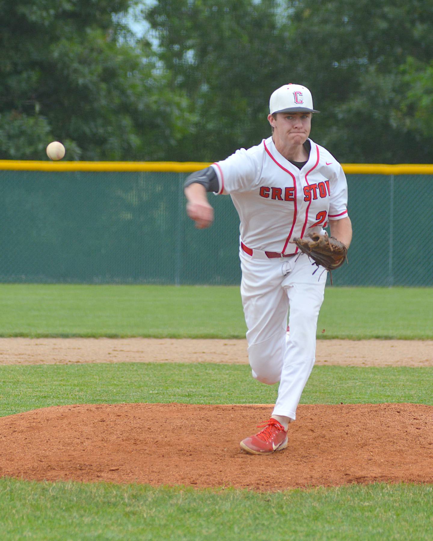 Creston senior Parker Varner pitches during the top of the third. Varner logged nine strikeouts in the victory.