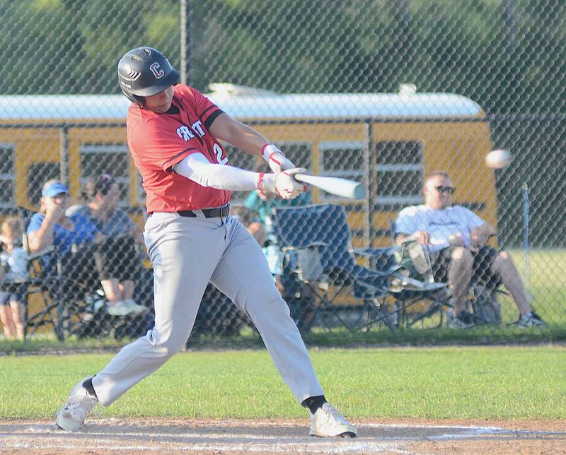 Creston senior Brayden Schoon connects for a line single to center field against Van Meter. Schoon was 3-for-3 at the plate with two doubles.
