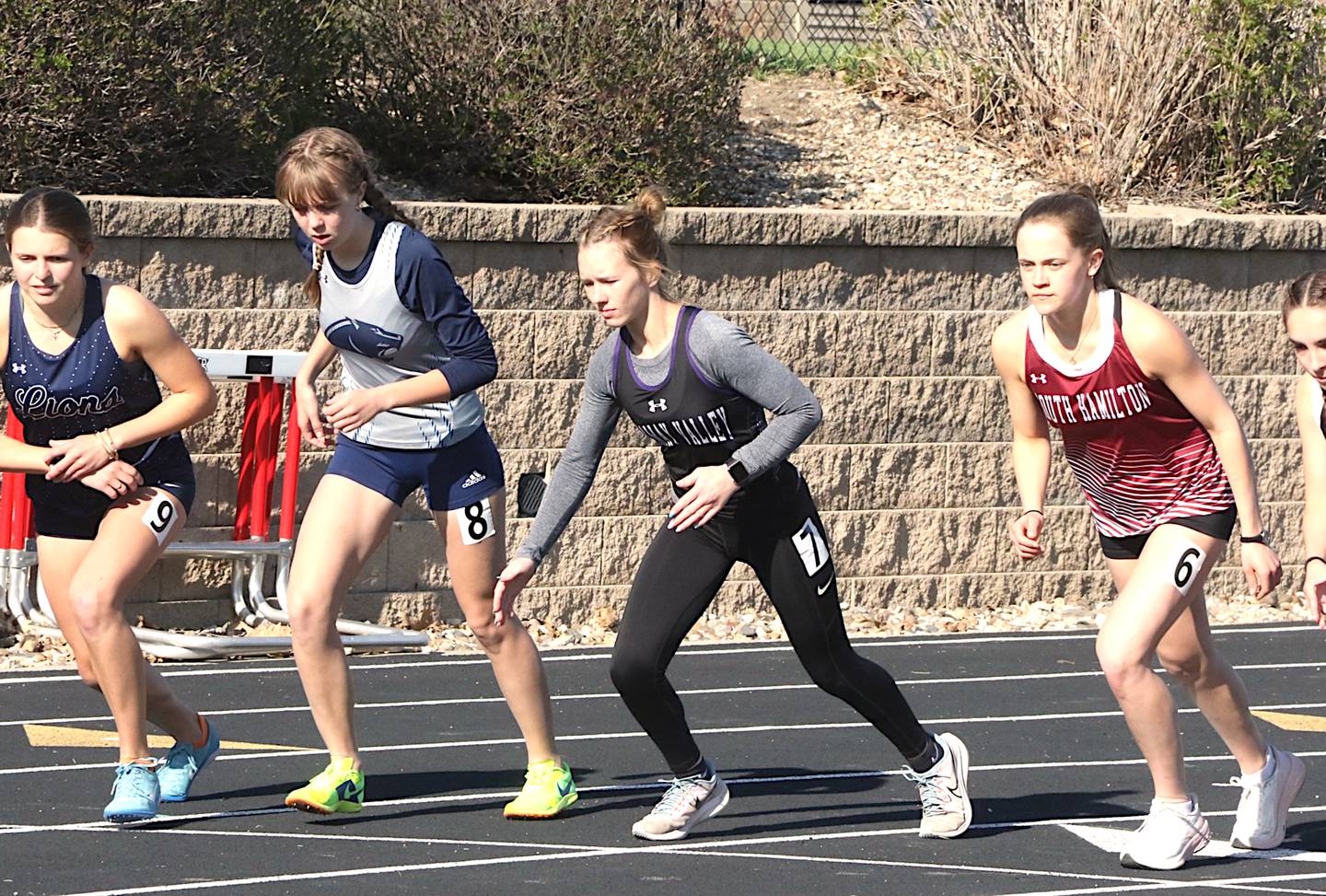 Nodaway Valley's Jazz Christensen waits for the starting gun in the 3,000-meter run at the recent Earlham track meet April 15.
