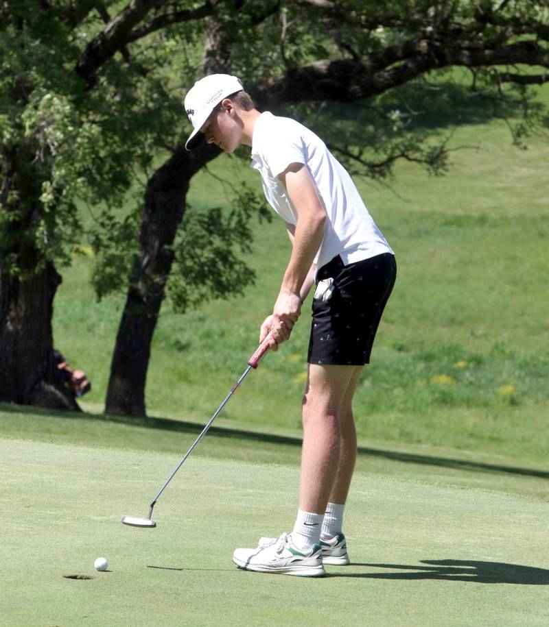 Nodaway Valley's Ty Rardin putts the ball during the sectional tournament at Greenfield Country Club Wednesday, May 14.