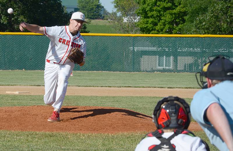 Creston's Parker Varner sends a pitch to the plate against Carroll Kuemper Catholic Monday. Varner pitched a complete game with six strikeouts, no walks and six hits allowed in the 9-2 Panther victory.