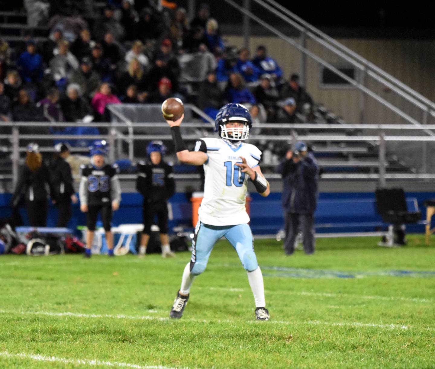 Sophomore Braxdyn Tucker lets loose a pass to Wyatt Kelley. Tucker finished the night 19-of-26 for 195 yards, two TDs and two interceptions. He also had 76 yards on the ground.