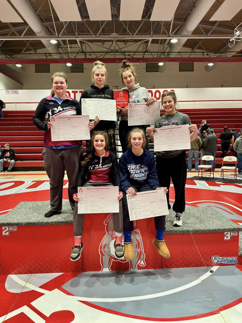 Six Highway 34 wrestlers won their brackets Friday at the Ottumwa Invitational. Front row, from left: Cheyenne Dike and Zoey Vandevender. Back row: Savannah Sistad, Evy Marlin, Grace Keeler and Mila Kuhns.