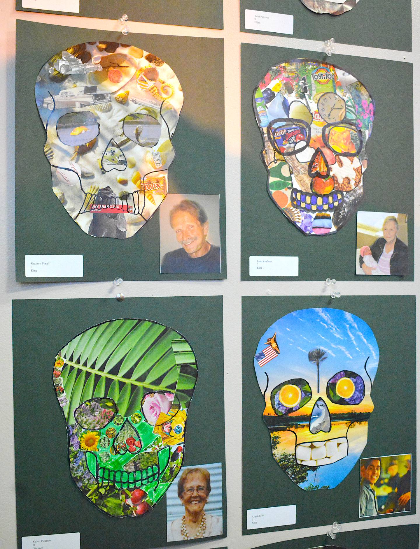 Skulls honoring loved ones include a collage of elements related to each person's life.
