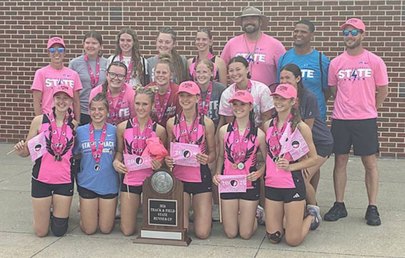Mount Ayr finished second in Class 1A at the state track and field meet with 49 points. Team members are, from left in front, Kacie Larsen, Kate Newton, Tatum Friedrich, Aubree Shields, Brittlyn Nickle and Emma Reynolds. Second row, coach Melissa Shields, Emily Knox, Alexa Bailey, Ryley Greenwell, Sayuri Meadors and Ava England. Back row, Addison Doolittle, Ashlyn Byer, Payton Worthington, Chloe Robb, coach Nick Ekel, coach Ryan Victor and head coach Brad Elliott.