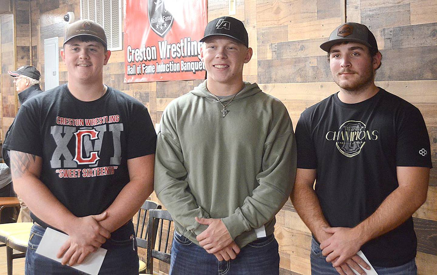 Among the Creston Wrestling Hall of Fame scholarship winners for 2024 are, from left, Jagger Luther, Milo Staver and Will Bolinger. Not pictured: Carson Rieck, Max Chapman, Christian Ahrens, Quentin Fuller, Savannah Sistad, Austin Evans and Brandon Briley.