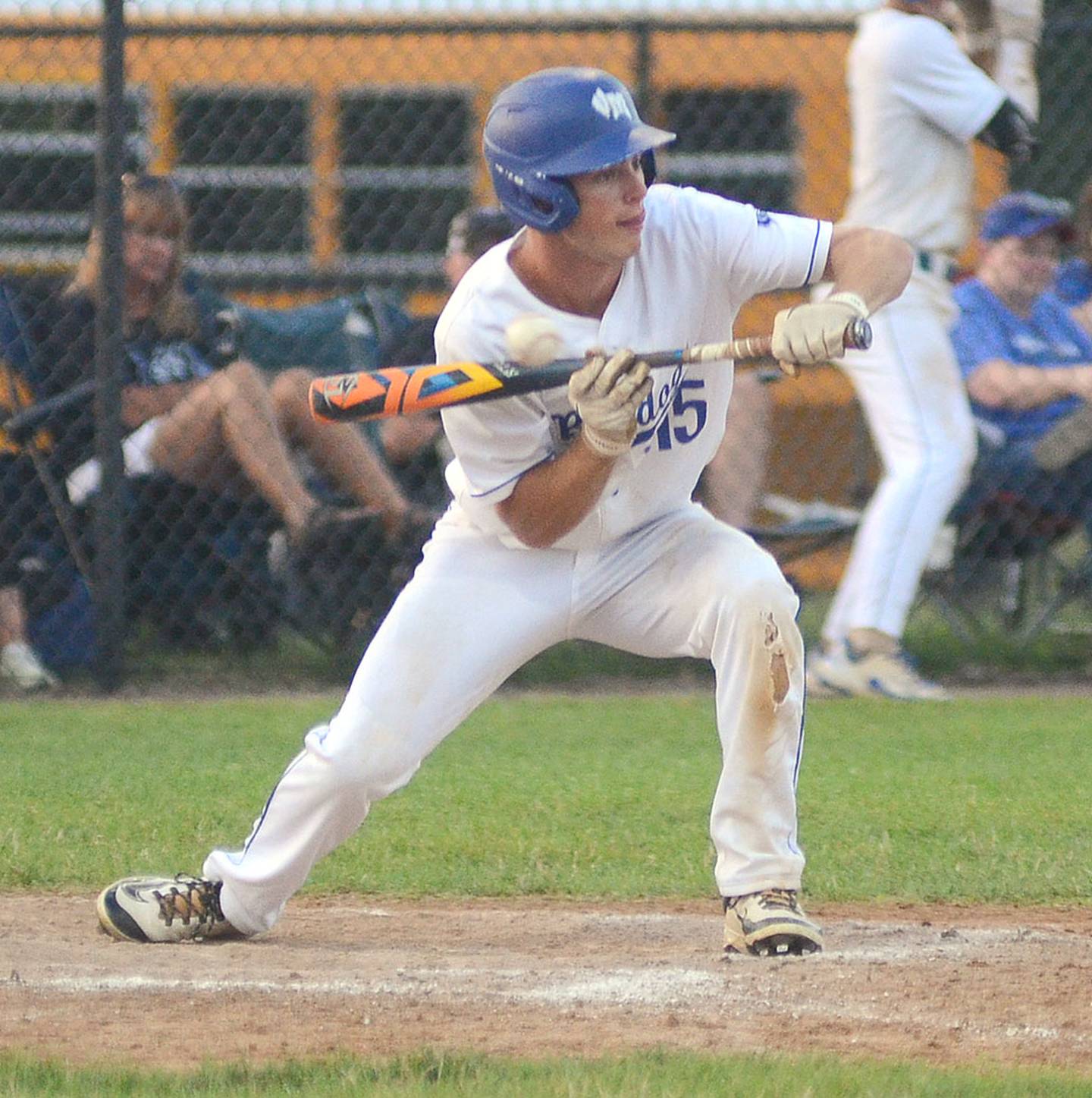 Van Meter's Jay Haley connects with a bunt against Creston. Haley attended Creston schools until eighth grade.