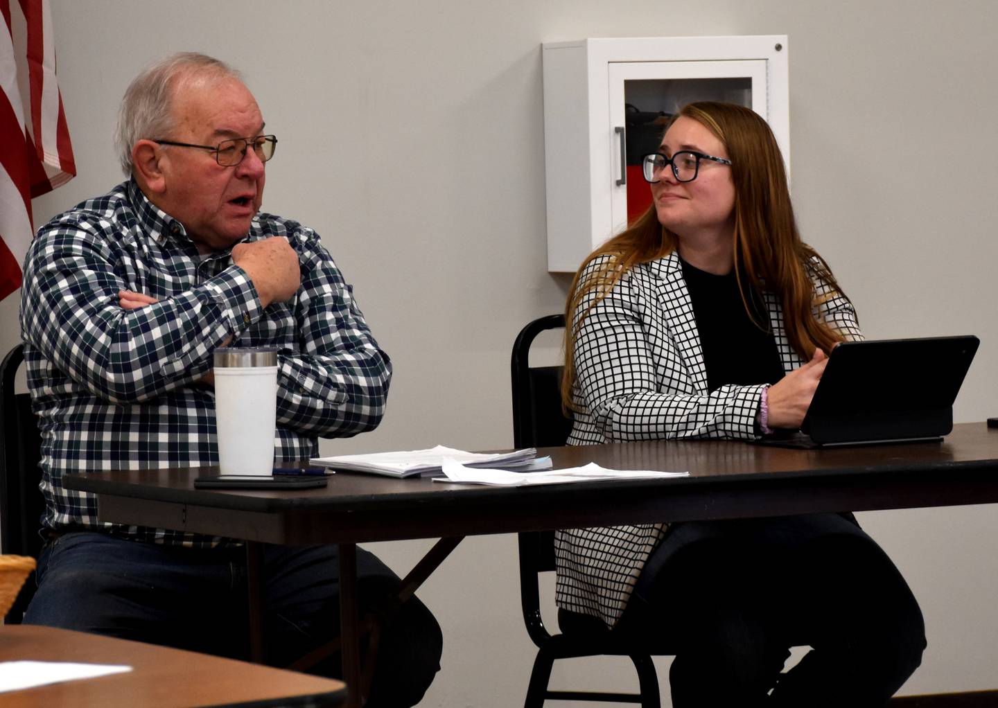Senator Tom Shipley and Representative Devon Wood answer questions at Creston's Legislative Coffee Saturday morning.