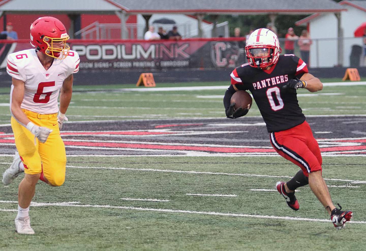 State track sprinter Seth Gordon (0) is a big-play threat for the Panthers both as a receiver and a runner on jet sweeps.