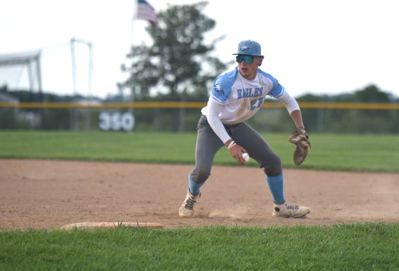 First baseman Fisher Buffington fields a ball before stepping on the bag to get an out at first Saturday in an 11-1 districts win against Mormon Trail.