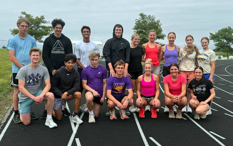 Participants and alternates in the events Nodaway Valley's track and field teams qualified for state in are from left in front, Luke Kading, Brandon Decena, Logan Lantz, Gabe Winkelmann, Izzy Eisbach, Emma Boswell and Allie Cornelison; back row: Eli Campbell, Austin Walker, Cassius Burnside, Titan Foster, Ella Boswell, Abby Nelson, Kylie Nelson, Haisley Zoubek and Ava Herrick. NV qualified in the girls 4x800m and distance medley relays, the boys distance medley relay, with Izzy Eisbach in the 1500m run and Emma Boswell in the high jump and long jump.