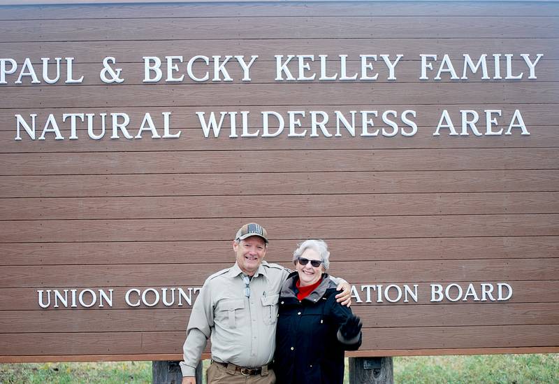 Union County Conservation Director Doug Jones poses with Becky Kelley Saturday during the introduction of the park named after Becky and her late husband Paul.