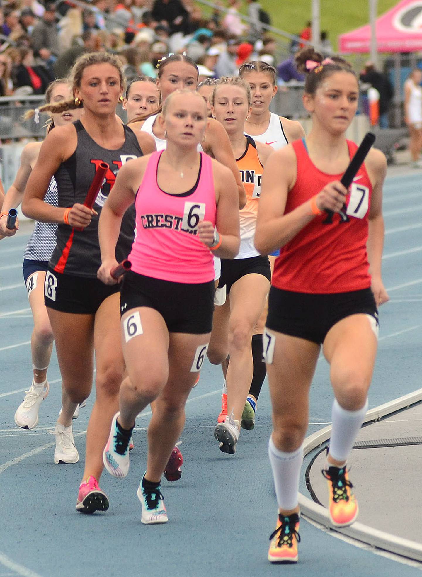 Maylee Riley keeps Creston near the front of the pack on her leadoff leg of the girls 4x800 relay. Riley ran a 2:22.81 as the Panthers placed 17th in 9:55.80.