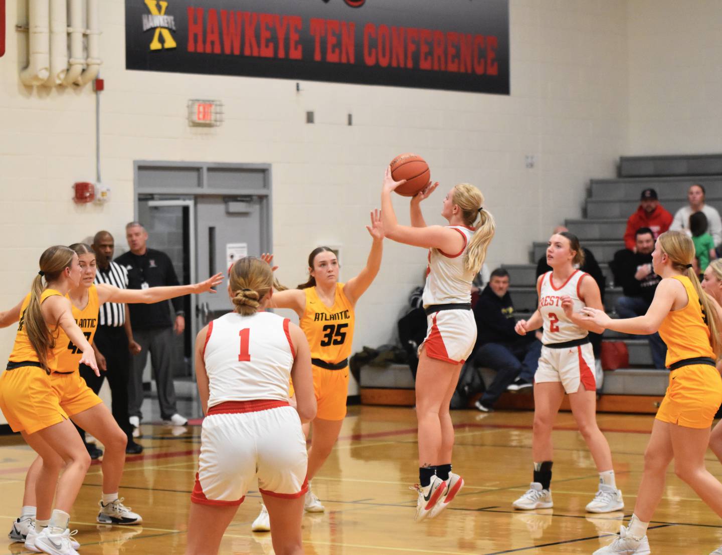 Creston senior Ella Turner drills a mid-range shot Monday to put the Panthers up by one point with just over a minute to play.