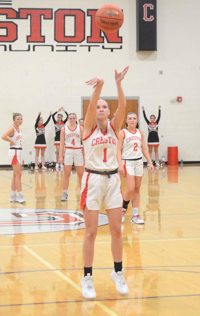 Creston guard Kadley Bailey (1) sinks the final free throw of the game to secure a 46-43 win over West Central Valley Monday. Bailey scored a game-high 16 points, including nine in the fourth quarter.