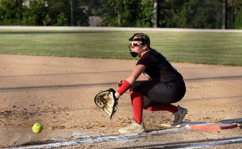 First baseman Jacyee Hanson prepares for a hit headed her way in game two of a home doubleheader with Kuemper Catholic.