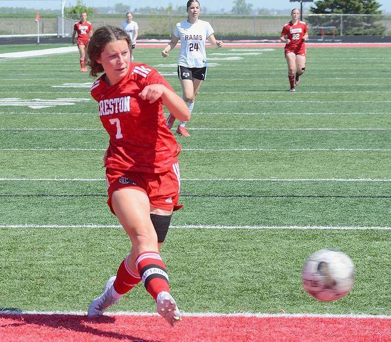Olivia Burwell of Creston scores the first goal during a 7-0 win over Greene County in Saturday's Panther Invitational. Burwell scored twice and had a team-high six shots on goal in the win.