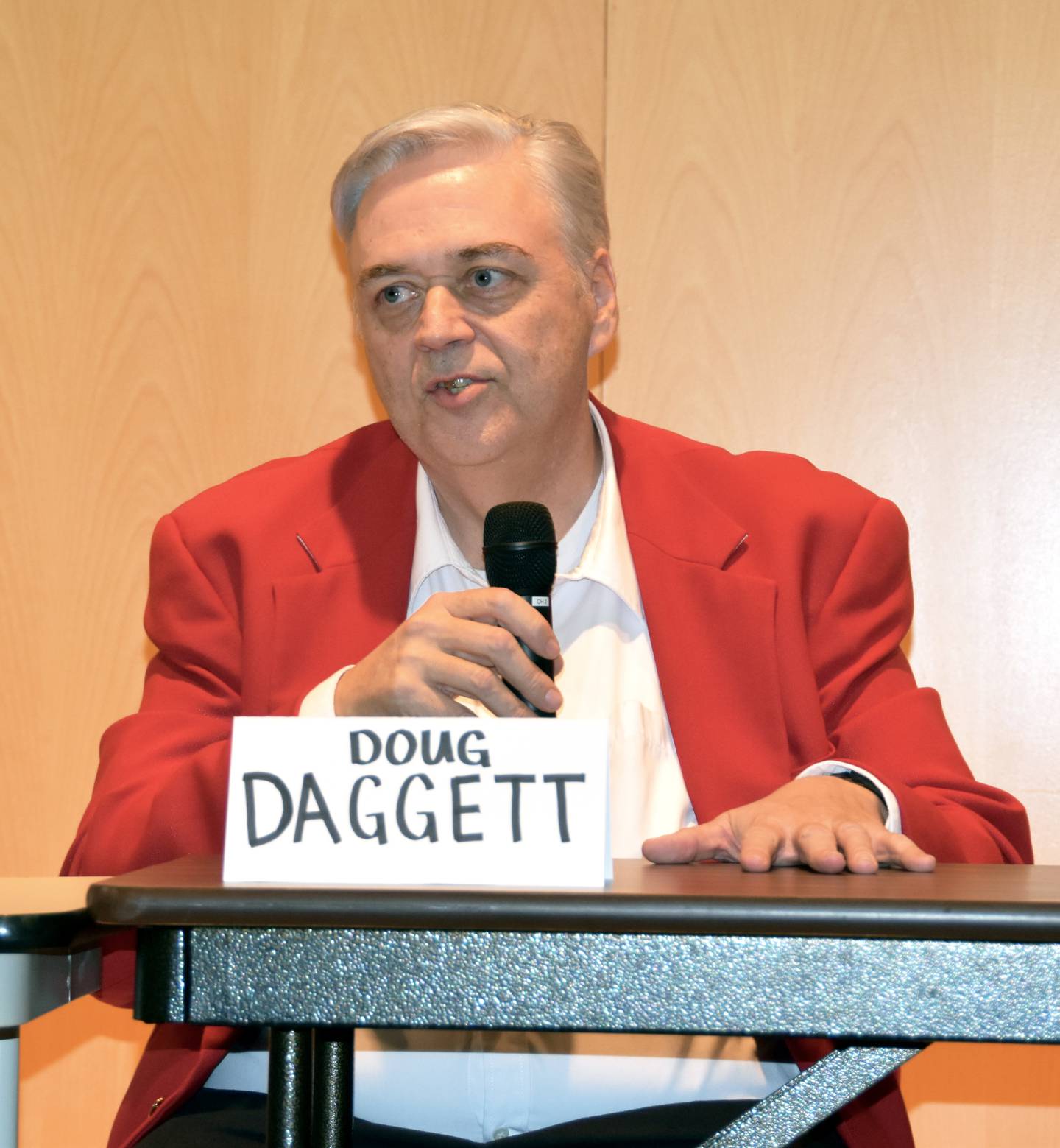 Douglas Daggett answers a question during Monday's mayoral candidate forum.