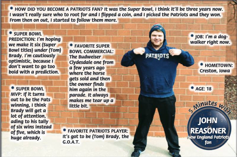 John Reasoner, a New England Patriots fan, talks football ahead of Super Bowl 52 featuring the Patriots and the Philadelphia Eagles. This Sunday, the Patriots will play in Super Bowl 60, this time against the favored Seattle Seahawks at Levi Stadium in Santa Clara, California.