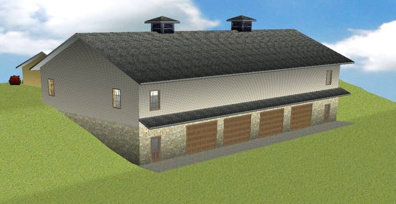 A render showing a design for the Union County Historical Village's new museum building. The building will connect with the old museum building and feature expanded collections, including antique vehicles.