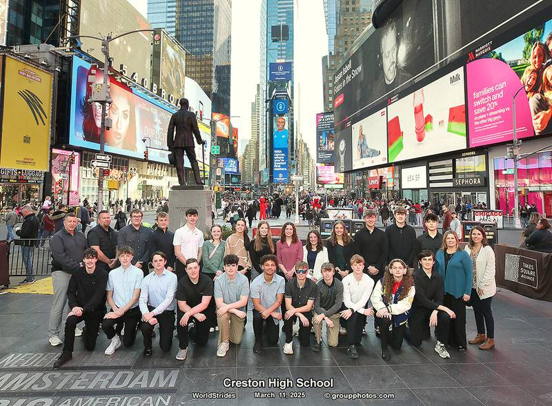 Creston students and chaperones on the social studies spring break trip gathered in Times Square in New York City are, from left in front, Gavin Larson, Brodie Pashek, Jameson Hanson, Dylan Dornack, Ben Rushing, Xander Drake, Clayton Scarberry, Garrett Troutwine, Tanner Ray, Kyler Hanson and Spencer Brown. Back row, Todd Jacobson, Drew Dornack, Marshall Howard, Davin Wallace, Jace Purdum, Taylor Smith, Braylee Pokorny, Lila Berning, Olivia Burwell, Lilly James, Ady Morrison, Blake Hayes, Baret Lane, Joaquin Flores, Paula Jacobson and Tina Morrison.