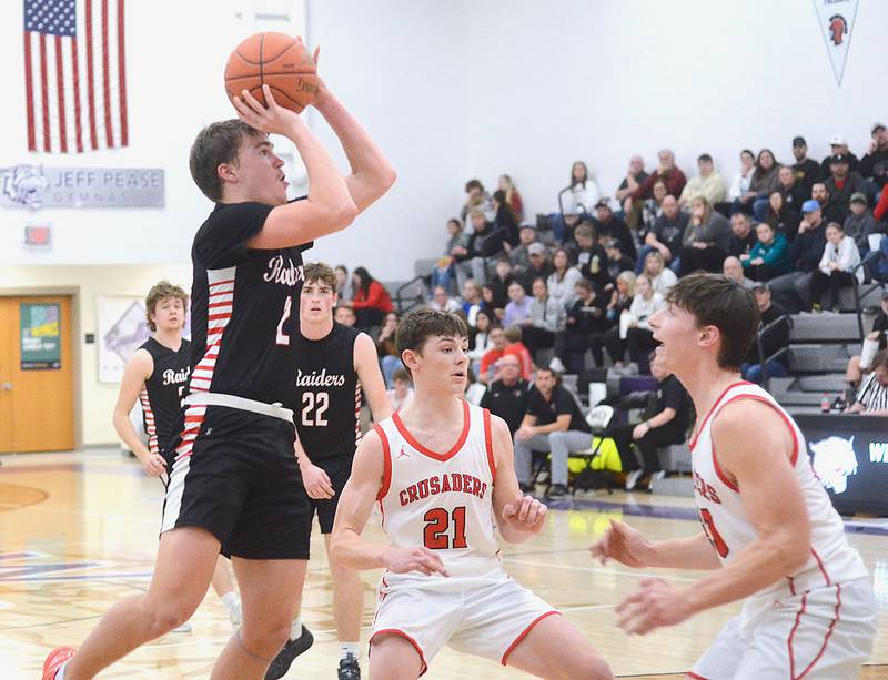 Mount Ayr junior guard Jackson Ruggles pulls up for a shot against Coon Rapids-Bayard Tuesday. Ruggles scored 13 points in the 67-41 loss.