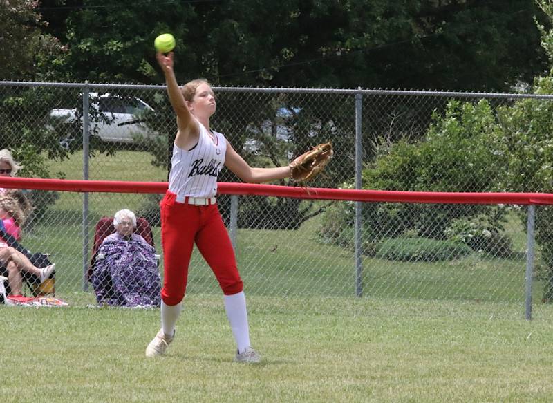 Orient-Macksburg's Mattie Thompson throws in from the outfield during a recent softball game against Nodaway Valley.