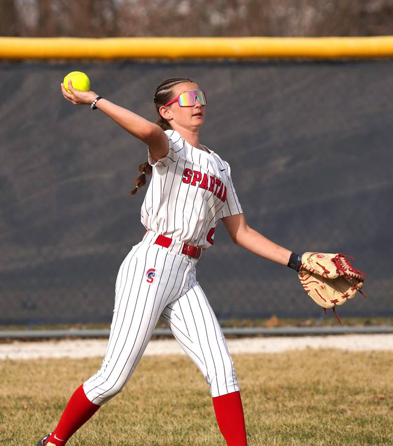 SWCC leftfielder Jersey Gray throws in a ball in a home doubleheader last Tuesday against Iowa Lakes Community College. The Spartans swept the Lakers.