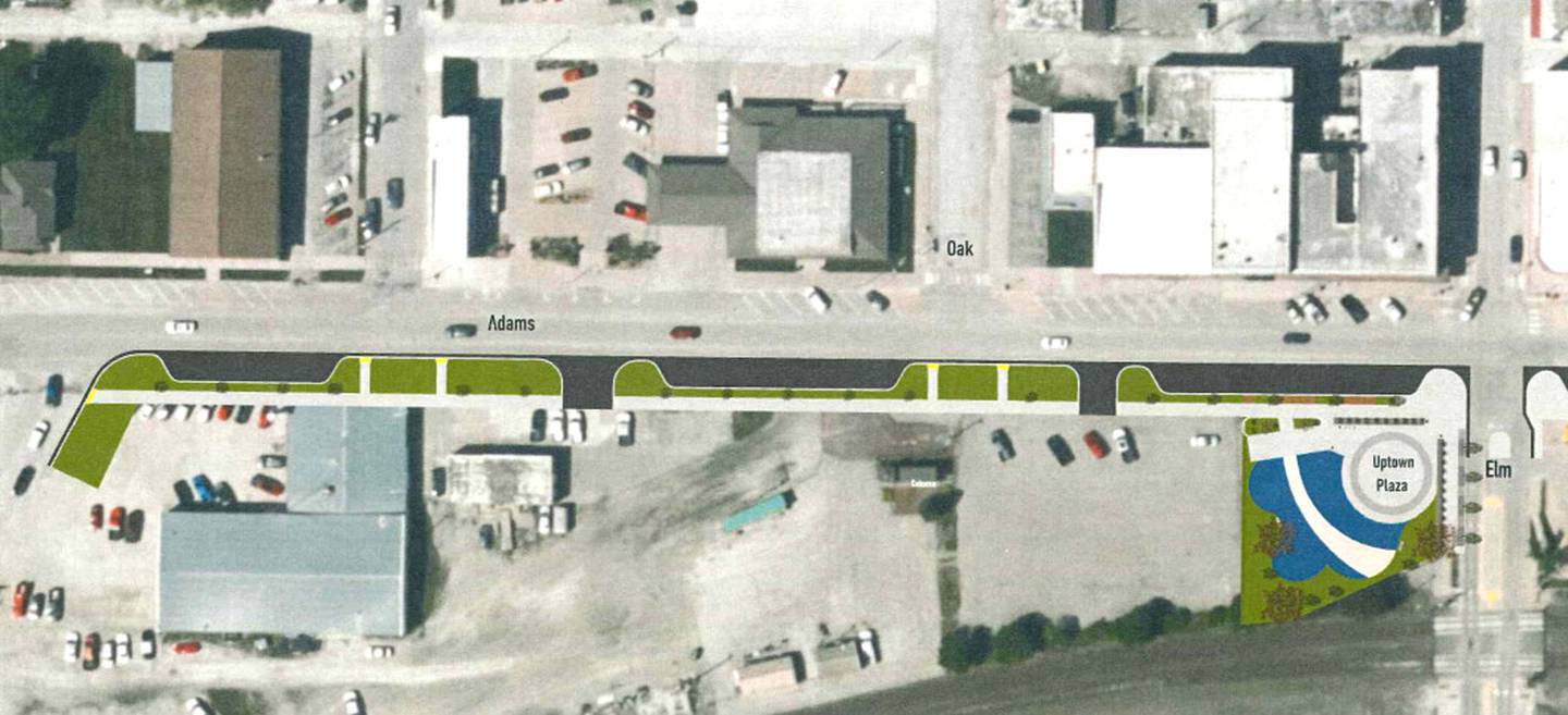 The grant application includes a linear park along Adams Street and a playground in a new uptown plaza.