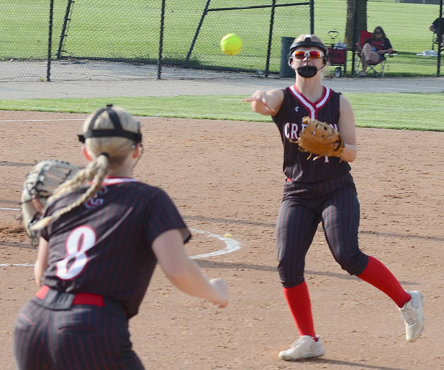 Second baseman Sophie Hagle throws to first baseman Jaycee Hanson for an out after fielding a groundball. Hagle was 2-of-2 at the plate with two RBIs in the 11-0 victory.