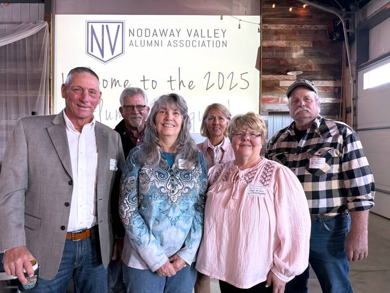 Celebrating their 50th class reunion at the Nodaway Valley Alumni Banquet are members of the Bridgewater-Fontanelle Class of 1975, from left: Jim Scott, Kevin Moss, Stephanie (Raths) Babor, Barb (Jacobson) Cullinan, Julie (Miller) Christensen and Chris Nikolaisen. Not pictured is Sherry Buckner Herr.