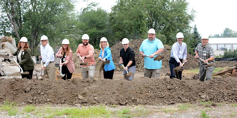 Participating in the groundbreaking of the Adair County Health System Master Facilities Plan Wednesday, Sept. 6 are from left, Julie Douglas, CHRO; Willard Olsen, Board; Philicia Hancock, CNO; Jimmy Freeland, Board Chair; Catherine Hillestad, CEO; Matt Haley, CFO; Derek Perkey, Facilities Director; Tim Piearson, DO,  Medical Director; and Kelly Berkland, Facilities Technician.