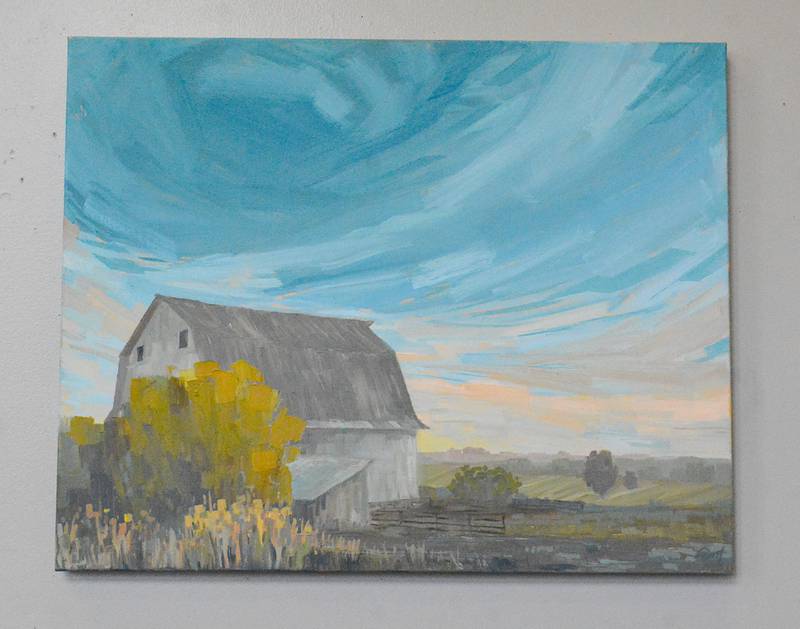 A painting of a barn and the Iowa skyline by Emily McQueen. The painting is based off a real location along Highway 34, near where the highway connects to Malvern.