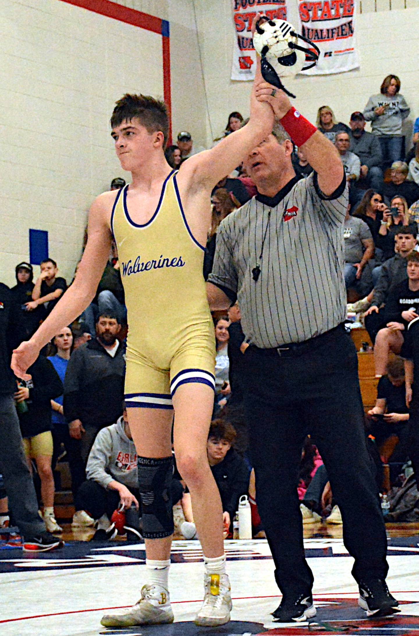 Wolverine senior Ty Strode has his hand raised at the end of his finals match at the district tournament.